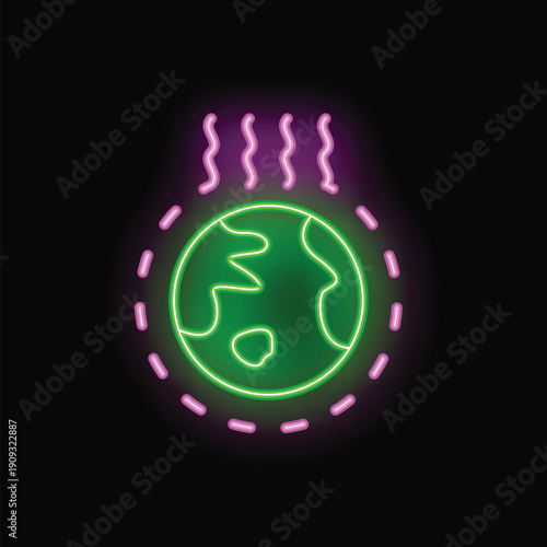 Neon icon of earth globe emitting heat waves representing global warming