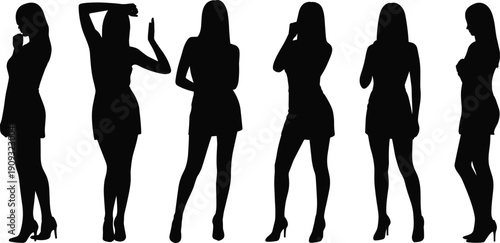 Elegant fashion silhouettes of women in high heels and short dresses, striking stylish poses for modeling, design, and artistic inspiration.