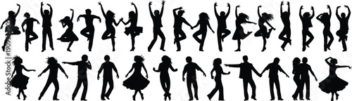 Dancing people silhouette collection, energetic men and women dancing isolated on white background celebration music party lifestyle concept