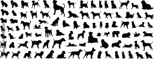 Dog silhouettes collection showing various breeds puppies and adult dogs in different poses isolated on white background vector illustration
