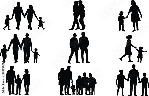 Family and couple silhouettes vector illustration set, black shadow people collection showing parents children relationships lifestyle design for artwork