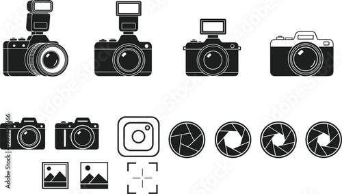 Photography and camera icon set featuring DSLR, mirrorless cameras, flash, aperture symbols, focus frame, and photo interface elements for creative media design