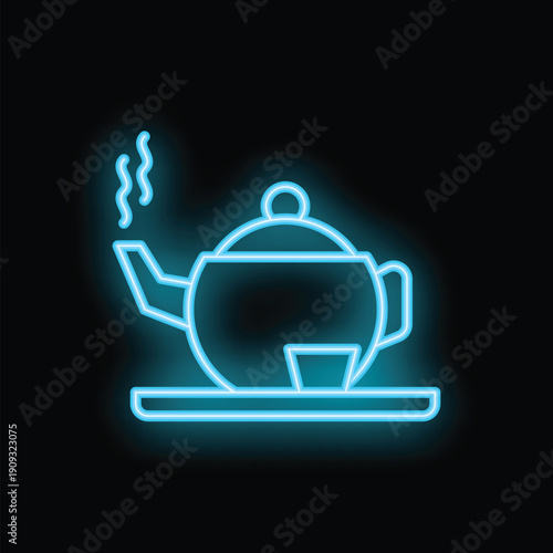 Neon sign of a steaming teapot on a tray, perfect for tea rooms, cafes, or restaurants