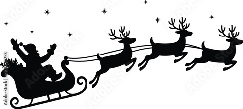 Festive Christmas silhouette of Santa Claus flying in sleigh with reindeer, stars, gifts, holiday celebration, seasonal winter artistic design.