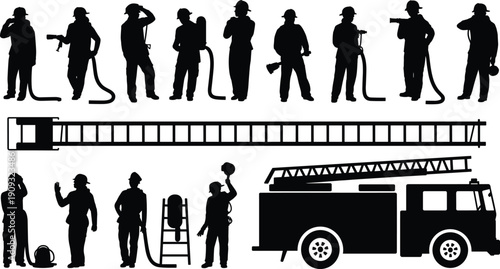 Firefighter silhouettes with equipment, ladders, hose reel, and fire truck vector illustration representing emergency response, rescue, safety, and protection