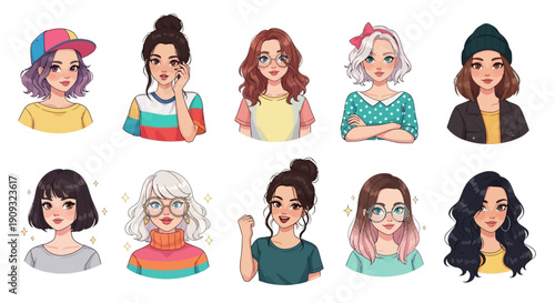 Diverse collection of modern cartoon female avatars showcasing unique hairstyles, fashion, and accessories for various digital and creative projects