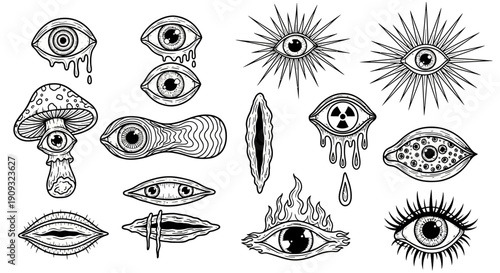 Ethereal and abstract line art collection of mystical eyes, featuring surreal designs with melting effects, radiating pupils, and visionary organic shapes, ideal for psychedelic and spiritual themes