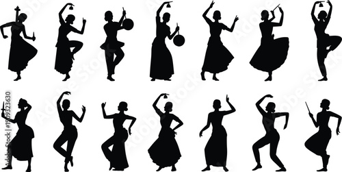 Traditional dance silhouettes illustration, cultural performers with props, expressive poses, heritage artwork, classical Indian dance concept, live stage performance icons