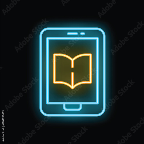 Neon sign depicting a smartphone with an open book icon on its screen, symbolizing online reading or education