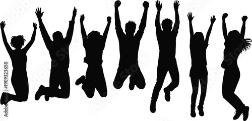 Group of people silhouettes jumping with raised arms, expressing joy, freedom, teamwork, success, and celebration in vector illustration design.