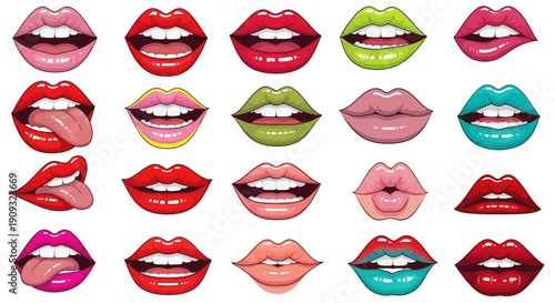 A vibrant collection of diverse cartoon lips showcasing a variety of expressions and colors, perfect for design and illustration projects