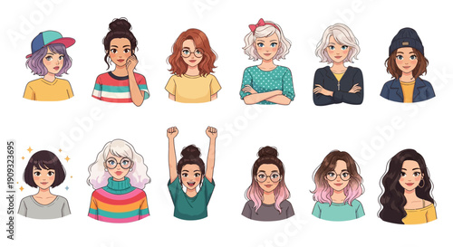 Collection of Diverse and Stylish Young Women Avatars Featuring Various Hairstyles, Expressions, and Fashion Choices, Ideal for Profile Pictures and Social Media