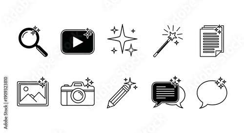 Comprehensive Set of Sparkling Line Art Icons for Digital Enhancement, Creative Workflow, and Multimedia Content Production. Essential symbols for web and app design