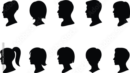 Collection of diverse human head profile silhouettes showing different hairstyles and genders isolated on transparent background