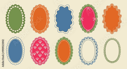 A charming collection of ten diverse vintage-style oval frames and decorative labels, each showcasing intricate borders and a delicate artistic touch, ideal for adding elegance to any design