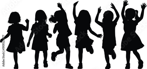Playful silhouette of joyful children jumping together, happy girls raising arms in energetic poses, childhood freedom fun vector illustration design