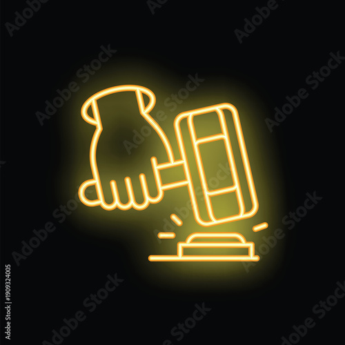 Neon sign of a hand wearing a glove and holding a judge gavel hitting a sound block