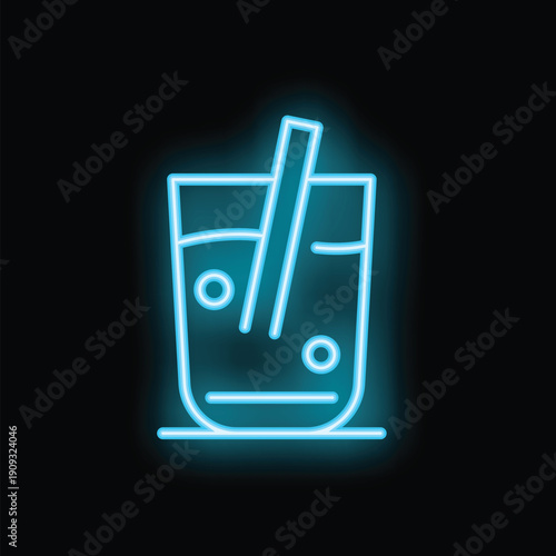 Blue neon sign depicting a refreshing beverage with bubbles, adorned with a straw, set against a sleek black backdrop
