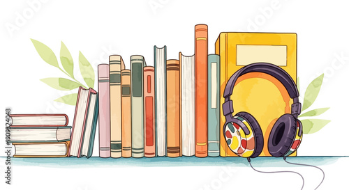 Vibrant Watercolor Illustration of Books and Headphones Symbolizing the Joy of Reading and Audio Learning