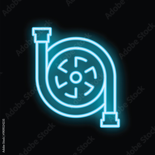 Blue neon icon of a garden hose rolled up, isolated vector illustration on black background
