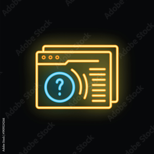 Neon style icon showing website with question mark displaying online faq