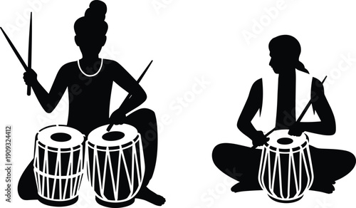 Traditional Indian percussion silhouettes illustration, tabla and dholak players seated cross-legged, cultural drumming artwork, heritage music ensemble, folk performance concept