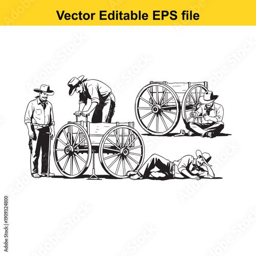  men working on a large wheel in a vintage illustration