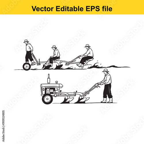  farmers operating agricultural machinery on a field