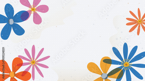 Colorful spring flowers hand drawn style transparency and overlap on dirty bond paper texture background have blank space.