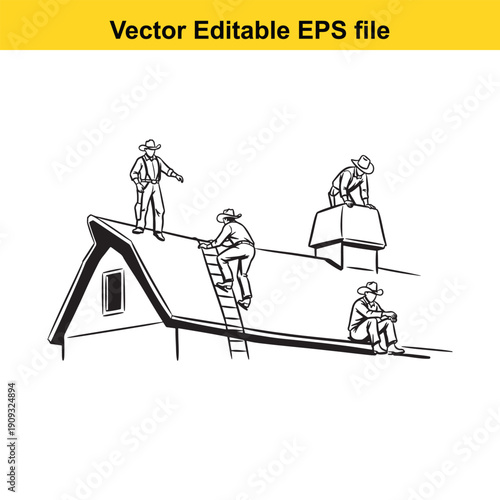  workers repairing a roof with various tools and equipment