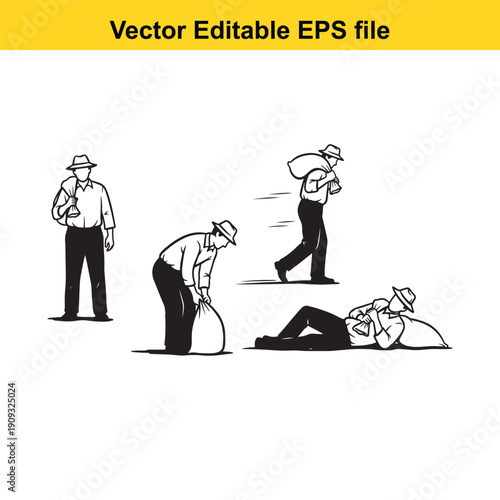  man carrying heavy sack in various poses