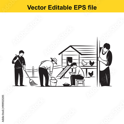  farmers working together on a farm with a chicken coop