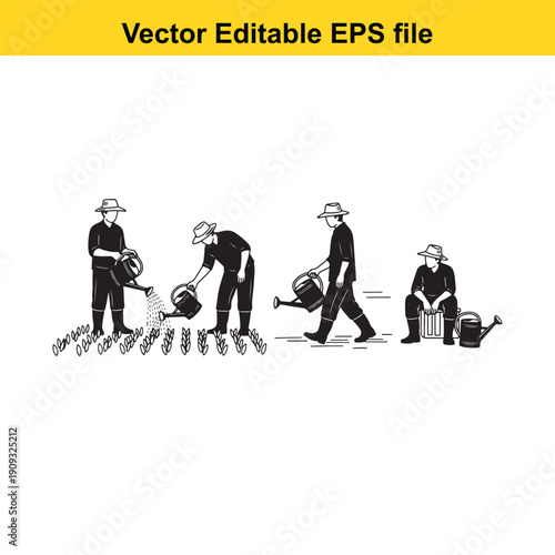  gardener watering plants in four stages