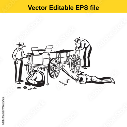  men repairing a vintage horsedrawn carriage