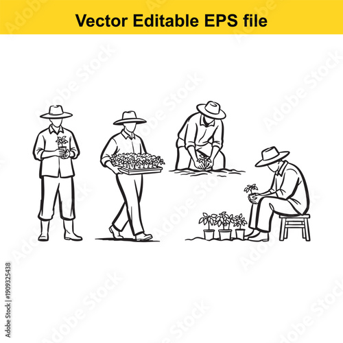  farmers harvesting crops in a simple line art style