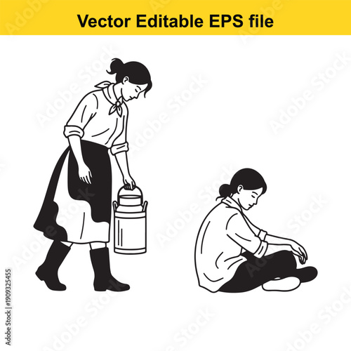  woman carrying milk can and sitting woman in black and white illustration