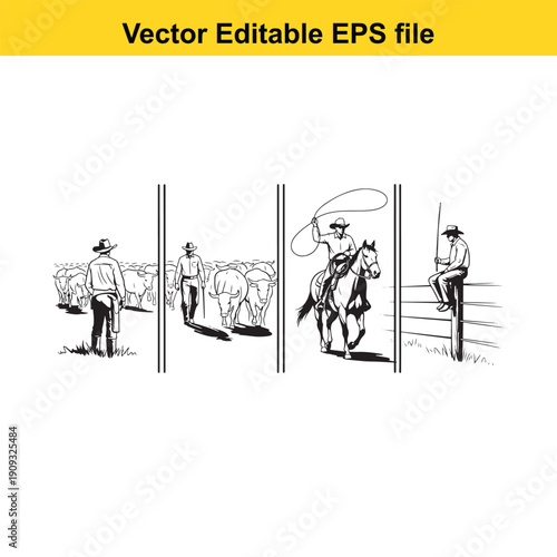  cowboy riding horse in four panel illustration