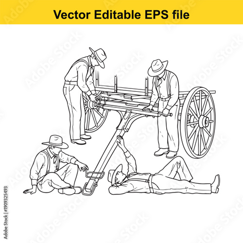  men operating a historical medical stretcher on wheels