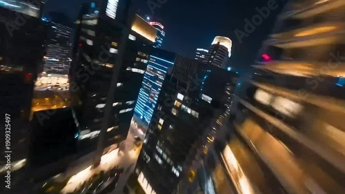 First-person drone view flying between urban buildings and fireworks in the night sky