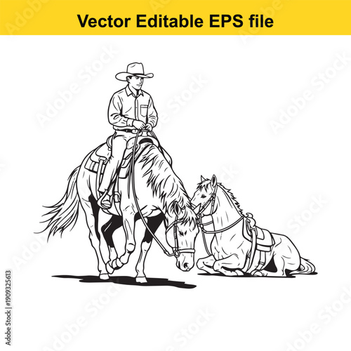  cowboy on horseback with another horse kneeling beside