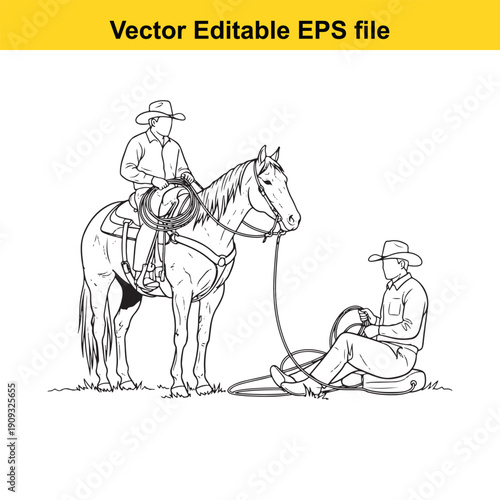  cowboy on horseback with man fixing saddle