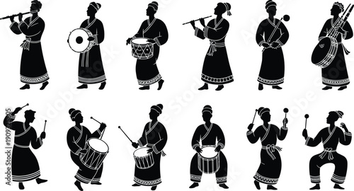Traditional musicians silhouettes illustration, cultural performers in heritage attire, playing drums and flutes, folk ensemble artwork, ceremonial music performance concept