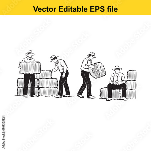  farmers working with hay bales in a simple illustration