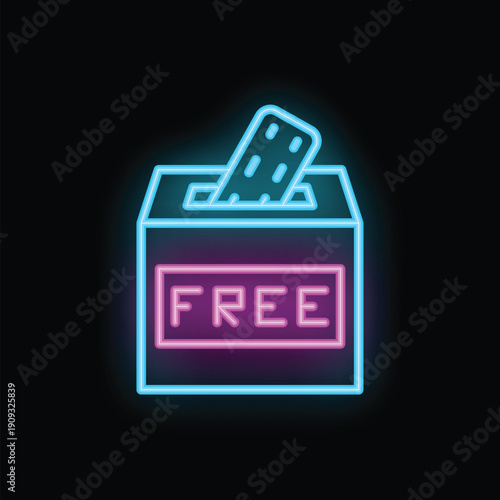 Glowing blue and purple neon sign of a wall mounted container dispensing free condoms