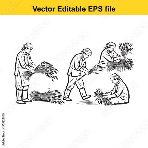  farmers harvesting crops in a simple illustration