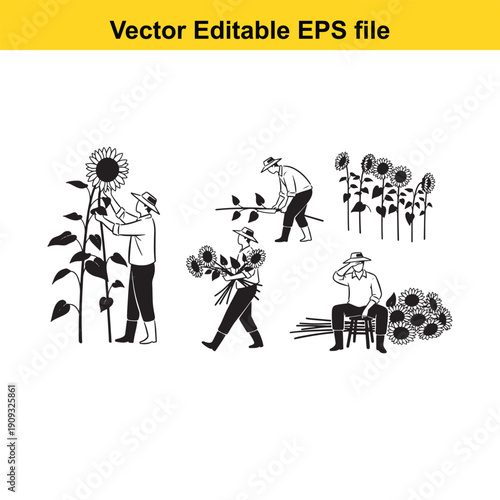  black and white illustration of people gardening with sunflowers