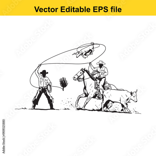  cowboy on horseback lassos calf while man watches