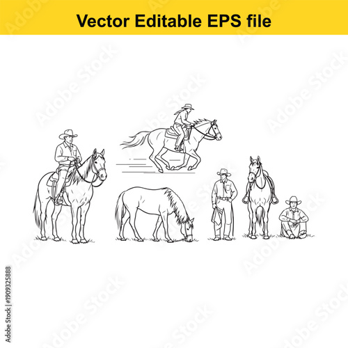  black and white illustration of horse riders in various poses