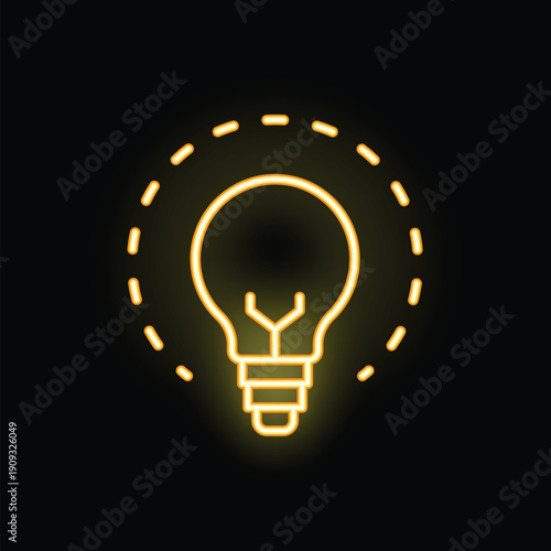 Neon light bulb glowing inside circle of dashed lines on black background representing concept of having an idea