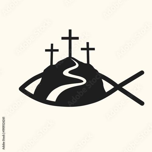 IXOYE, Christian fish symbol with Calvary. Jesus the way, truth and life creative concept for Easter Sunday t-shirt design or banner for service invitation. Vector illustration